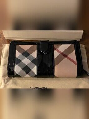Burberry Black Patent Leather Wallet with Beige & Pink Plaid GUC Authentic!